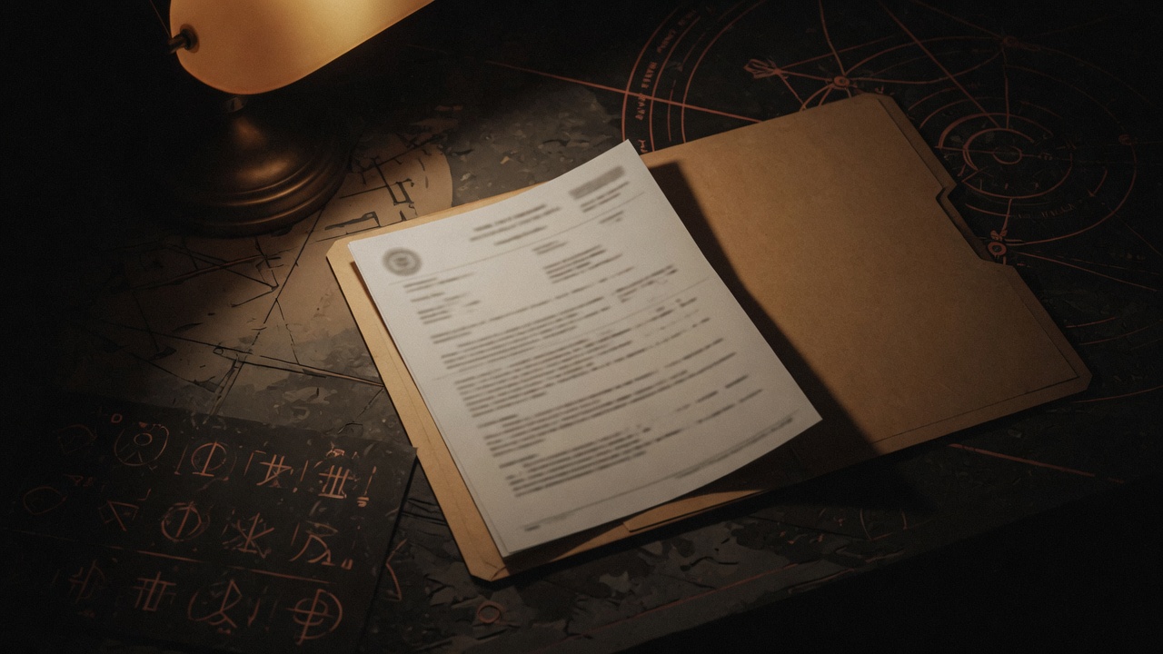 A single printed medical document in a manila folder on a dark desk, warm lamp light raking across the paper, text out of focus, cinematic still life