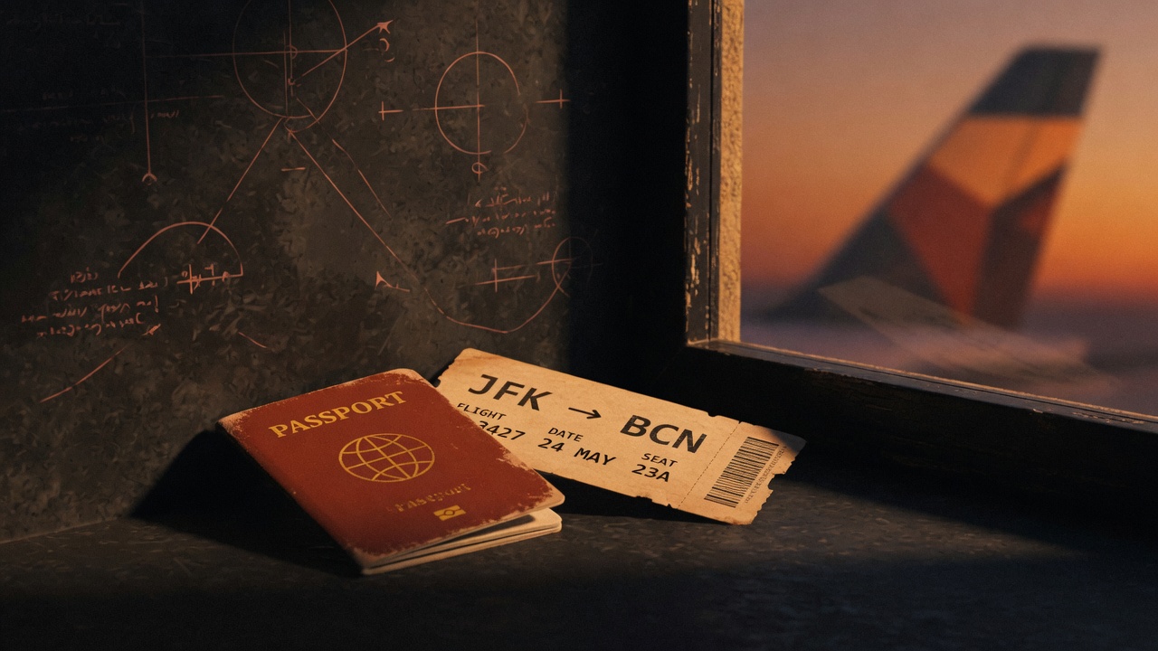 A passport and boarding pass on an airport window ledge at golden hour, aircraft tail blurred outside the glass, warm cinematic still life