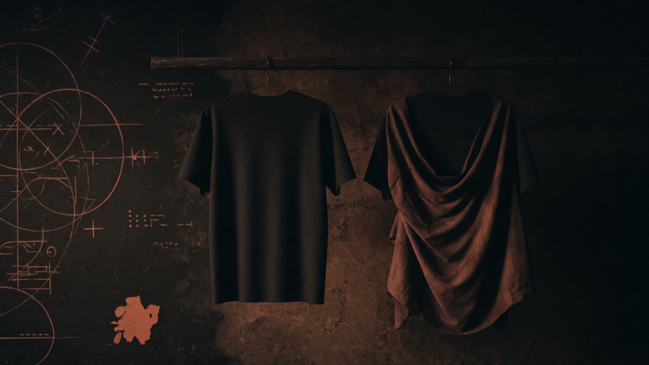 Two identical dark t-shirts hanging side by side on a rail in warm low light, one perfectly flat and one subtly draped differently, cinematic still life, no people
