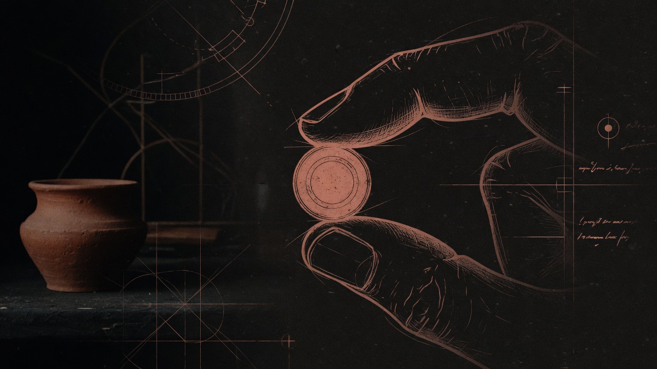 Minimal line-art diagram of a thumb and forefinger pinching toward each other with a small firm disc between them, terracotta lines on near-black, anatomical atlas style, abstract