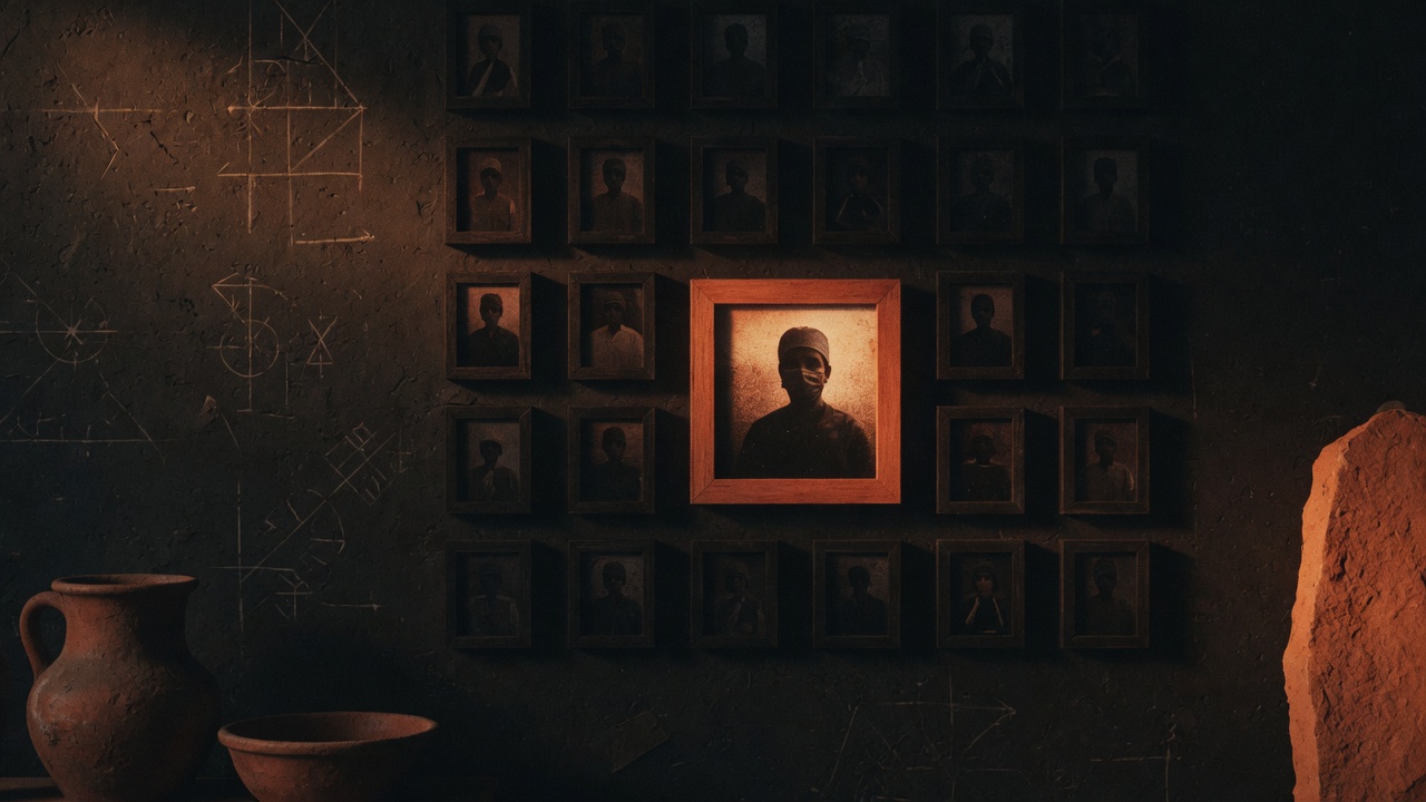 A wall of small identical empty photo frames in a grid on a dark wall, one frame lit warmly, cinematic, abstract