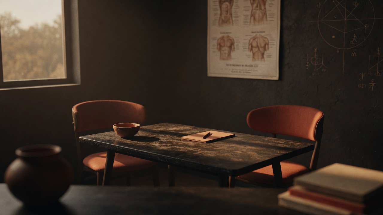 An empty consultation room with two chairs facing each other across a small desk, anatomical wall chart out of focus, warm late-afternoon light, cinematic, no people