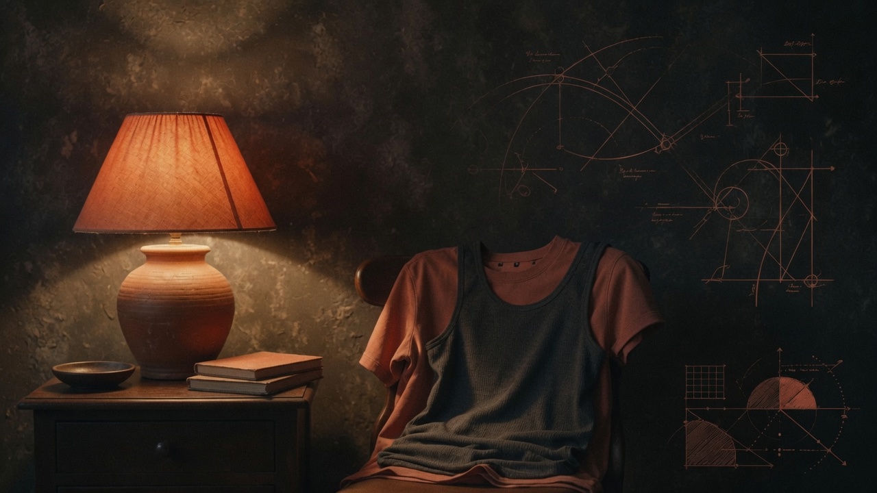 A single bedside lamp glowing warm in a dark bedroom, a folded t-shirt on the chair, quiet cinematic mood, no people