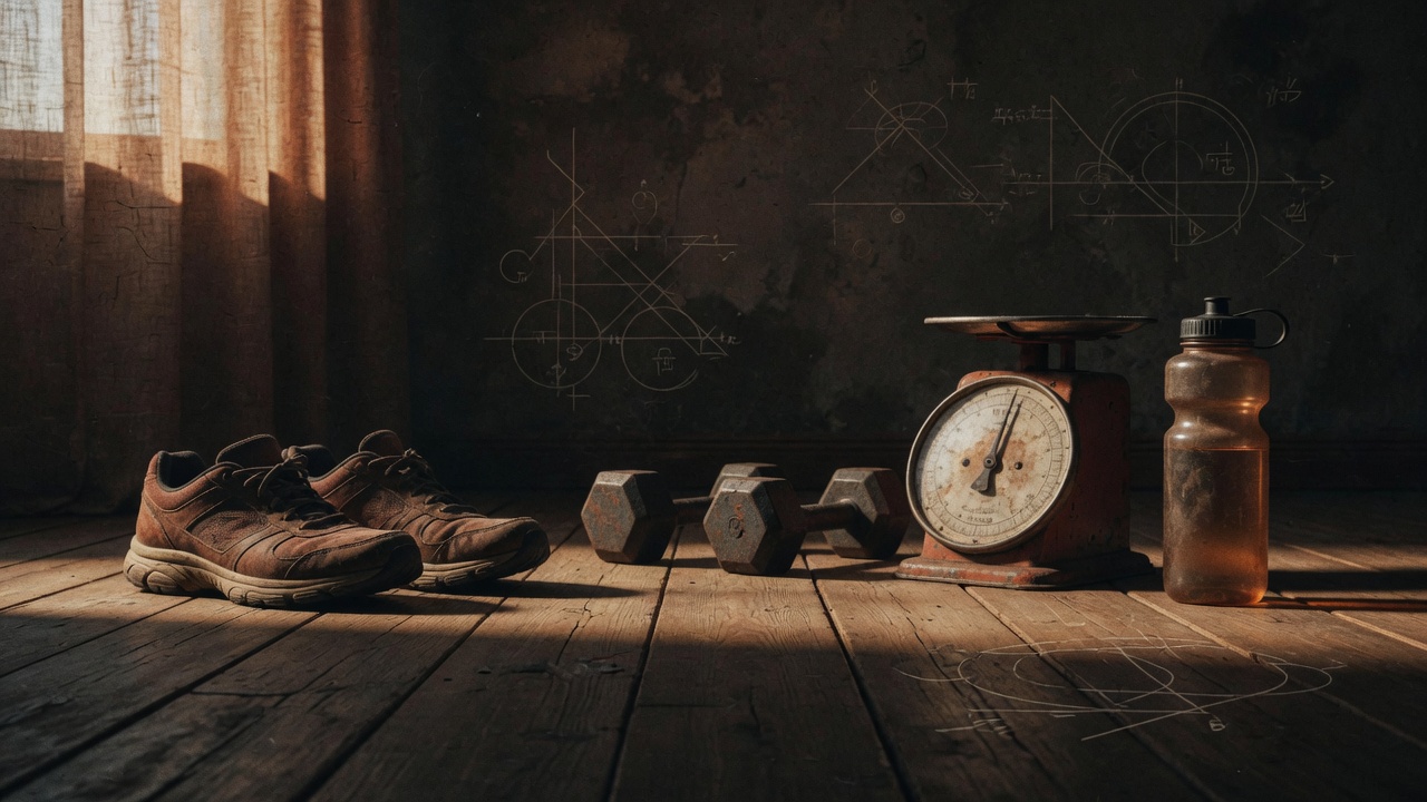 Running shoes, a kitchen scale and a water bottle arranged on a wooden floor in early morning window light, warm and quiet, cinematic still life