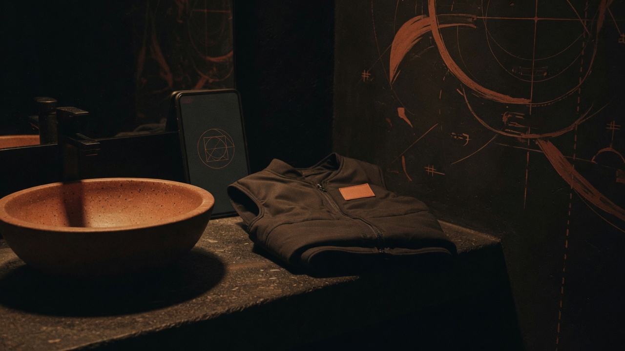 A bathroom counter at night with a phone propped against the mirror and a compression vest folded beside the sink, warm dim light, cinematic still life, no people