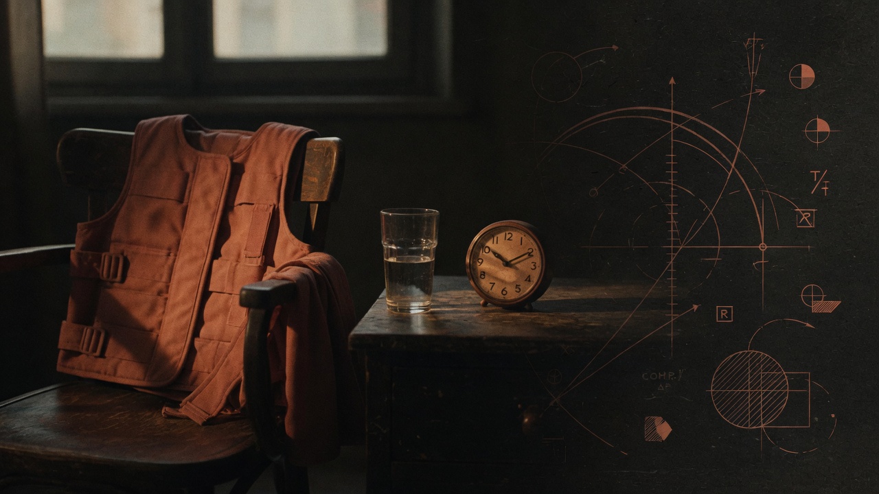 A compression vest draped over a bedside chair next to a water glass and a small clock, soft morning window light, warm cinematic still life