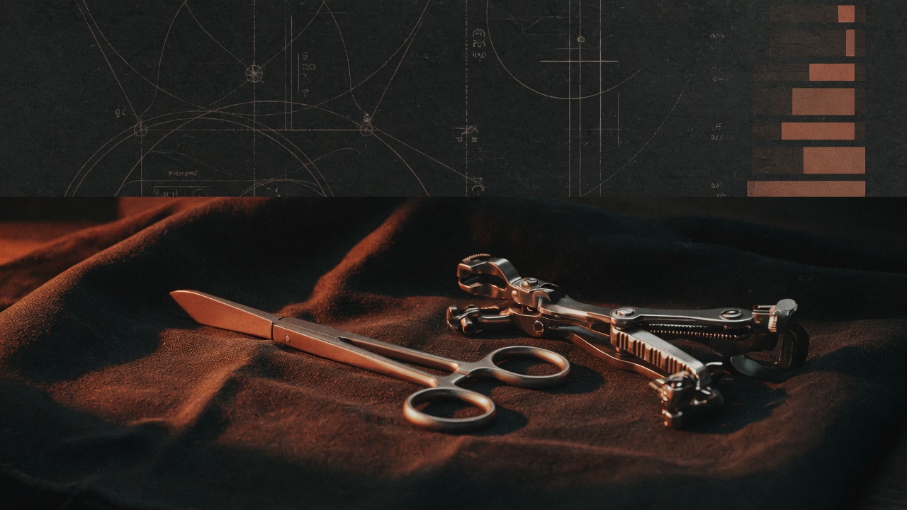 Two different surgical instruments laid side by side on a dark cloth, one plain and one more intricate, dramatic warm side lighting, cinematic still life