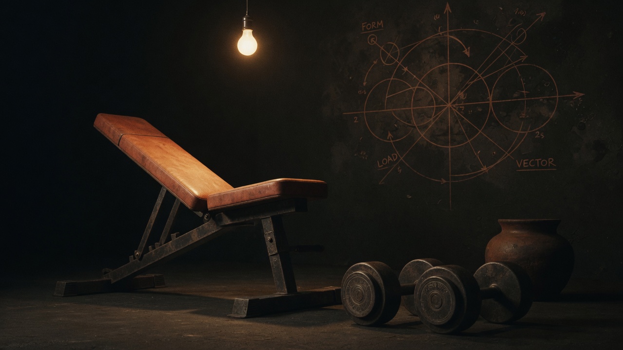A gym bench and dumbbells in a dark home gym, warm single-bulb lighting, cinematic still life, moody, no people