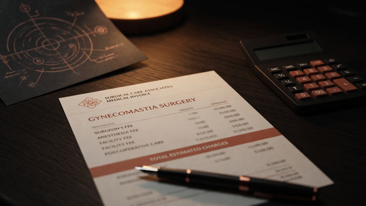 A printed medical quote on a desk beside a calculator and a pen, warm lamp light, shallow depth of field, cinematic still life, numbers out of focus