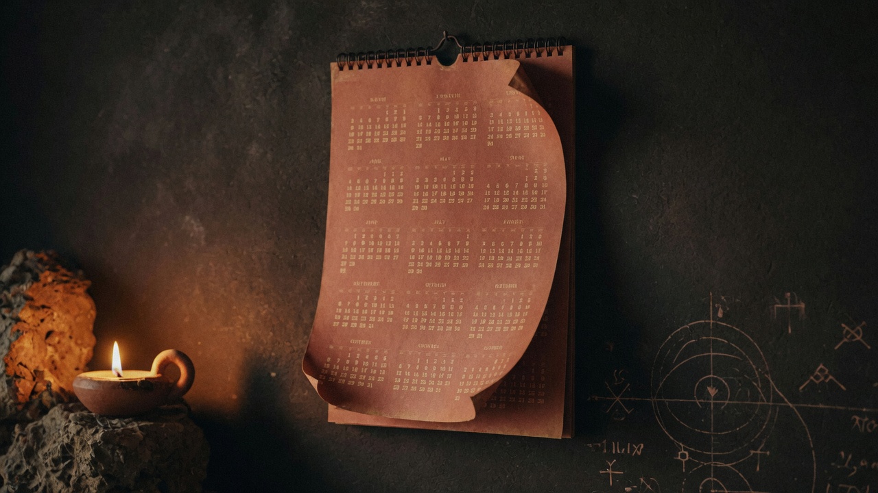 A wall calendar hanging in warm lamplight with many months visible, some pages curled, quiet cinematic still life, no people