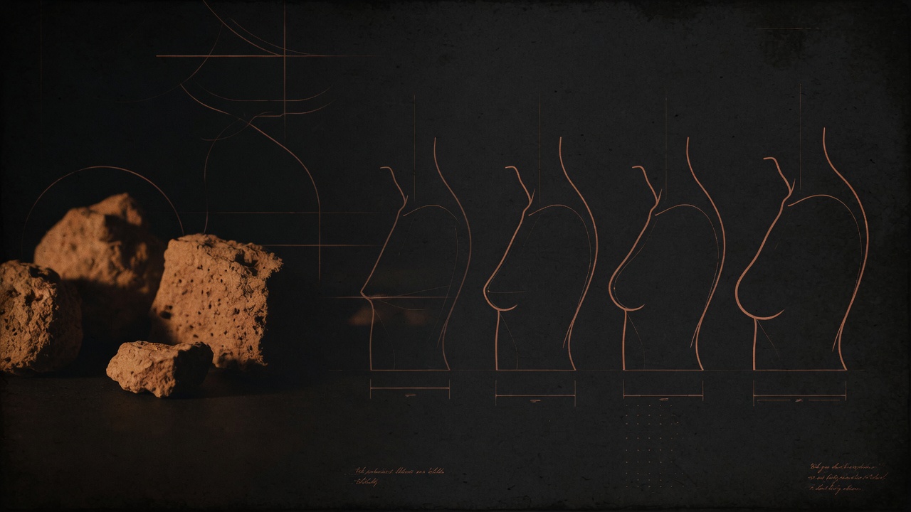 Four minimal line-art side profiles in a row showing progressively larger chest contours, warm terracotta lines on near-black, anatomical atlas style, abstract, no photorealism
