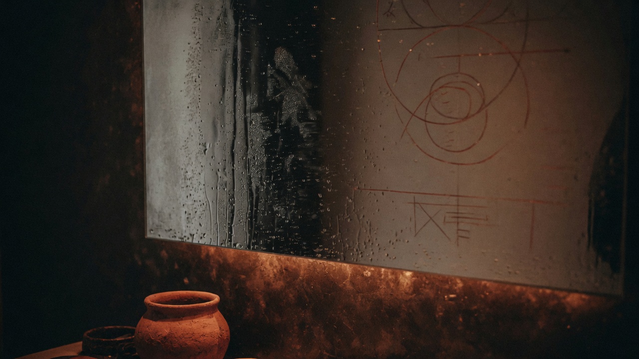 A steamed-up bathroom mirror with a hand wiping one clear streak through the condensation, warm low light, cinematic, no people visible